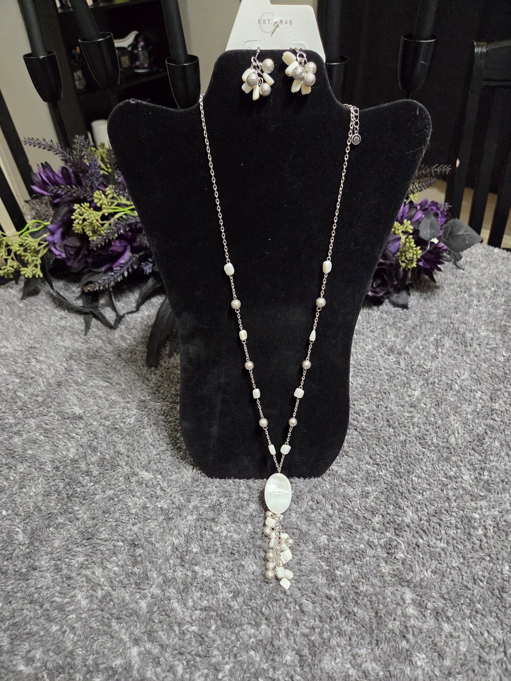 Cato Silver-Tone Necklace with White Beads and Tassel Pendant
